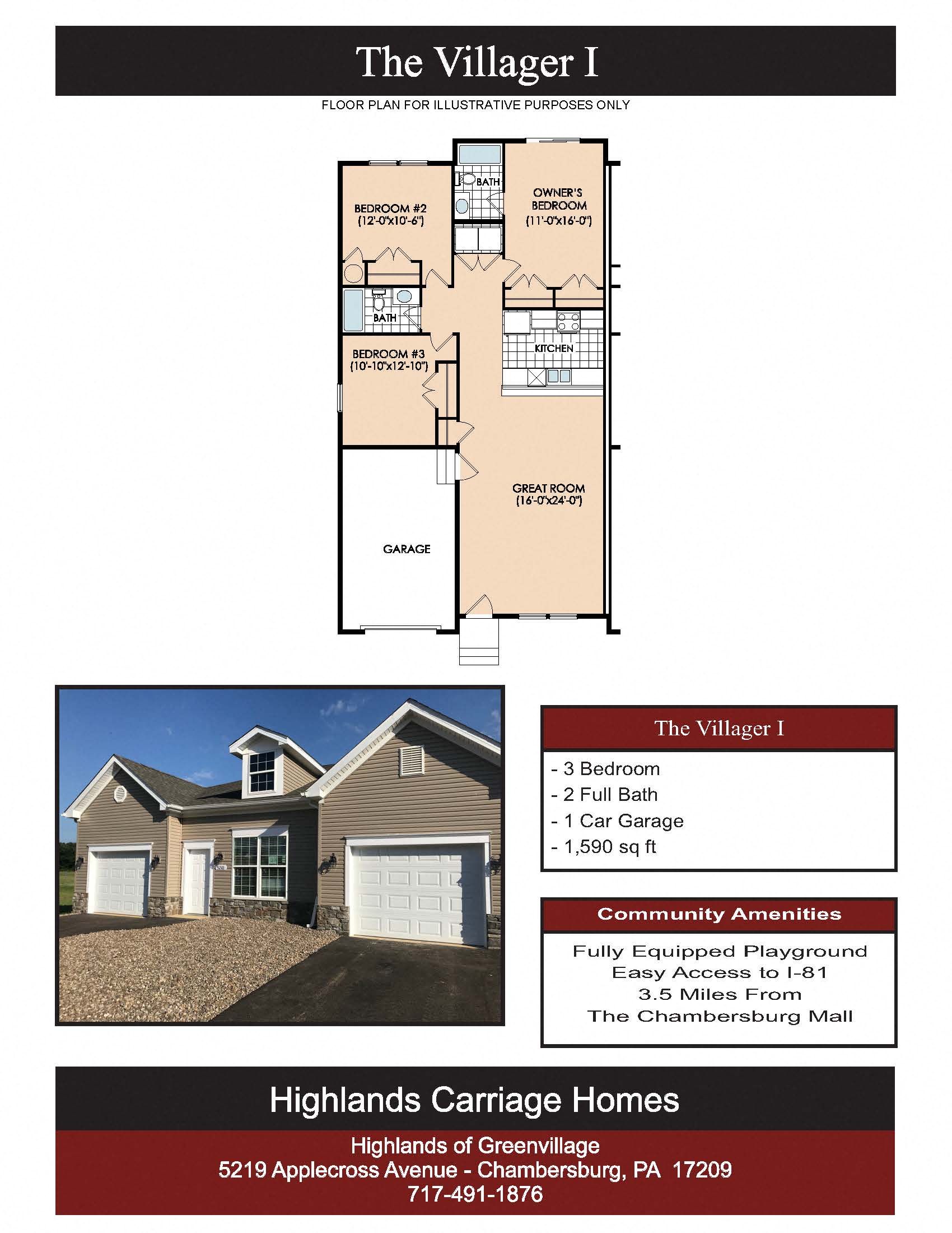Floor plan for 3 beds, 2 baths, 1590 sqft